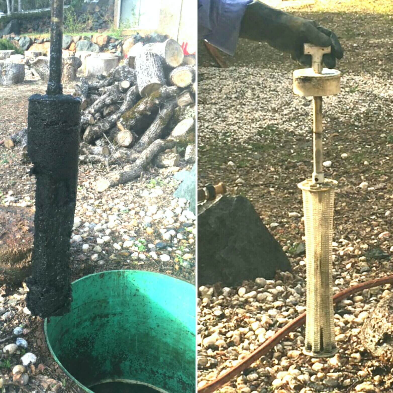 A septic effluent filter before and after cleaning